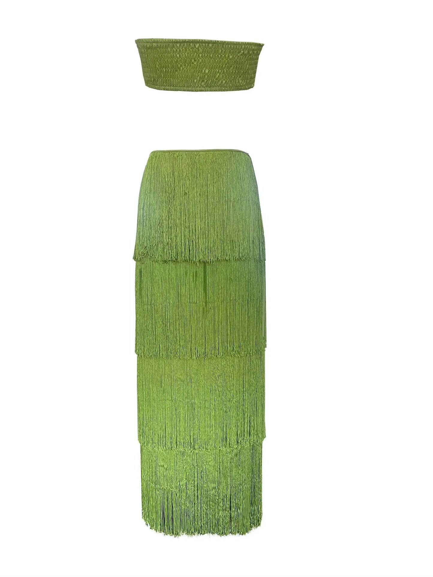 Green Tassel Bralette Set â€?Layered Maxi Skirt