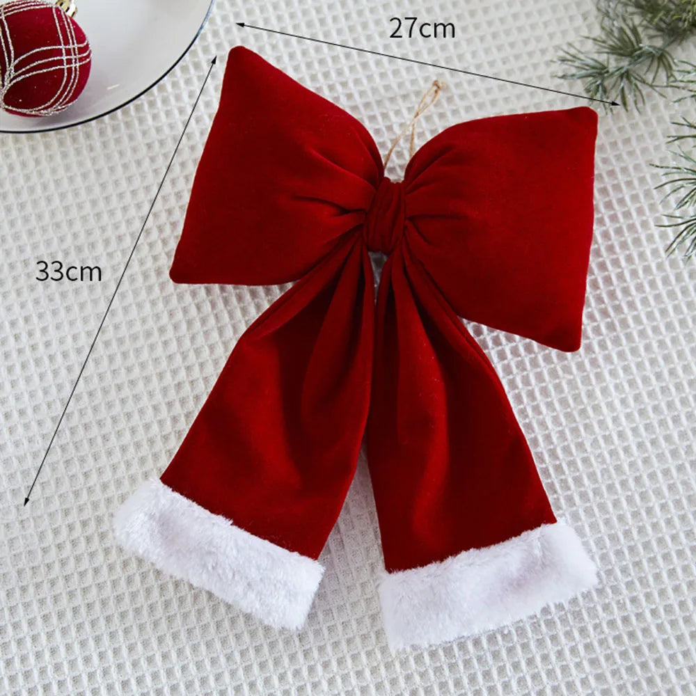 Christmas Bow Decoration Velvet Red Bow Knot Baubles Hanging Ornaments DIY Xmas Trees Pendant For Holiday Home Party Decorations