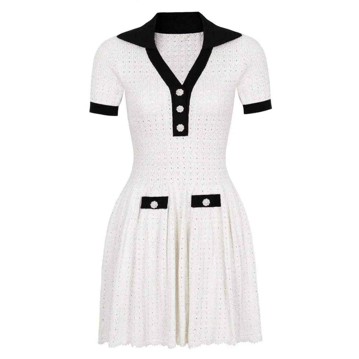 Contrast Trim Button Knit Collar Mini Dress