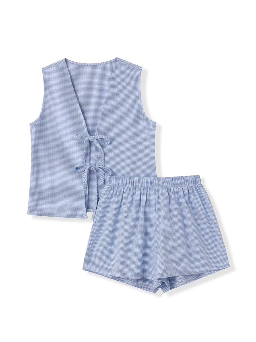 Plaid Tie Up Top And Shorts Set