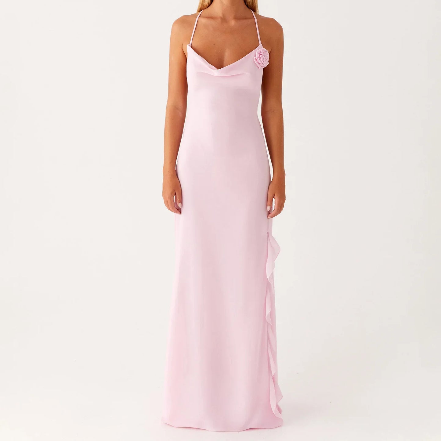 Pink Cowl 3D Flower Maxi Dress