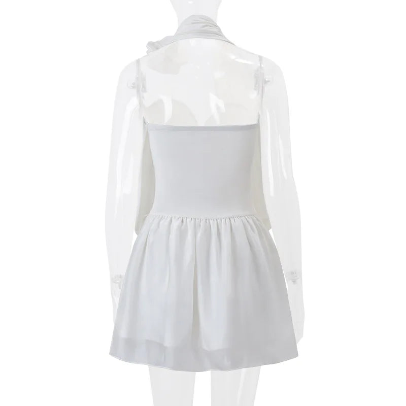 White Puff Drape Around Flower Mini Dress