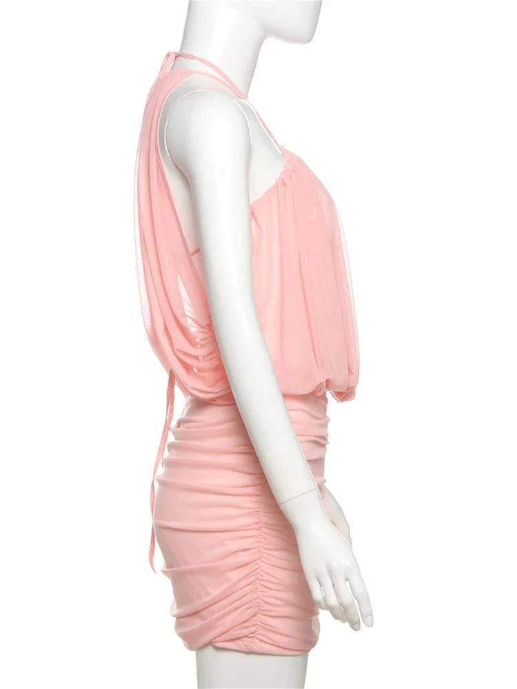Pink Mesh Puff Mini Dress