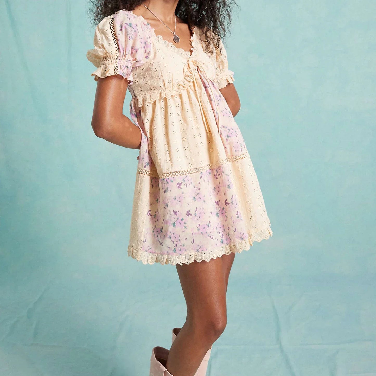 Floral Print Bow Tie Front Puff Sleeve Babydoll Mini Dress