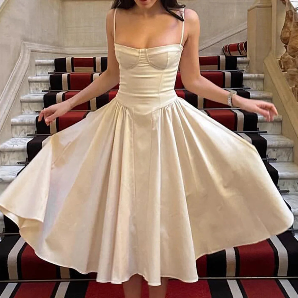 Solid Spaghetti Strap Bustier Pleated Midi Dress