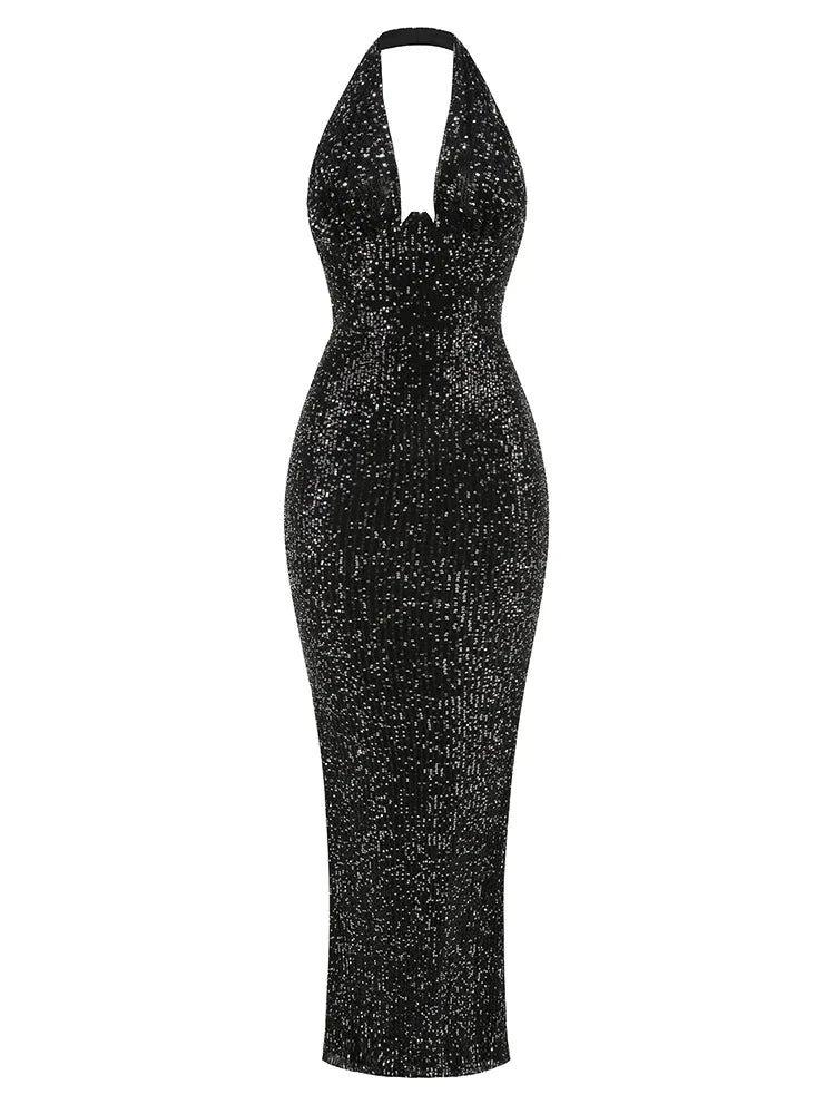 Sequin Halter Deep Neck Maxi Dress