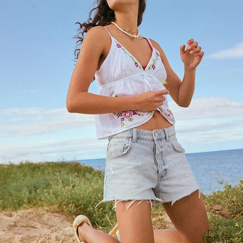 White Embroidery Flower Drawstring Top