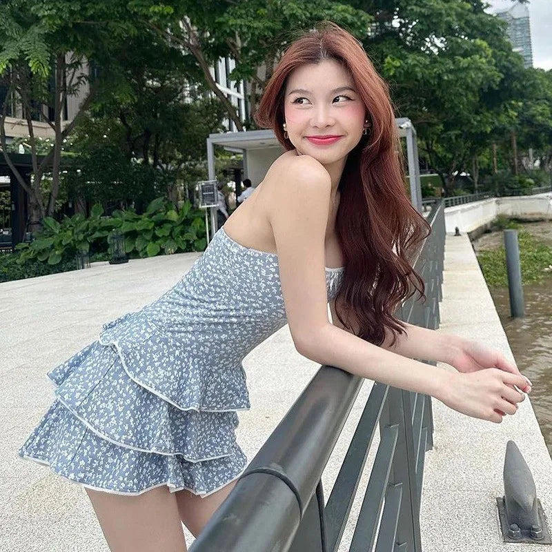 Solid Color Tube Frill Mini Dress