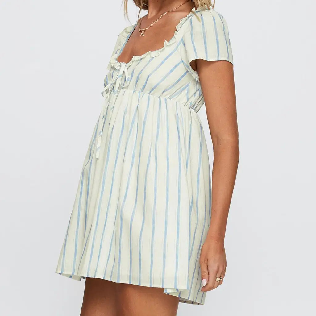 Ruffled Trim Square Neck Short Sleeve A-line Mini Dress