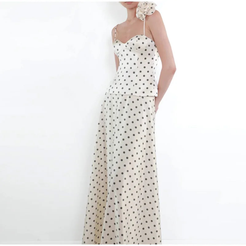 White Polka Dot Sling Top And Long Skirt Set