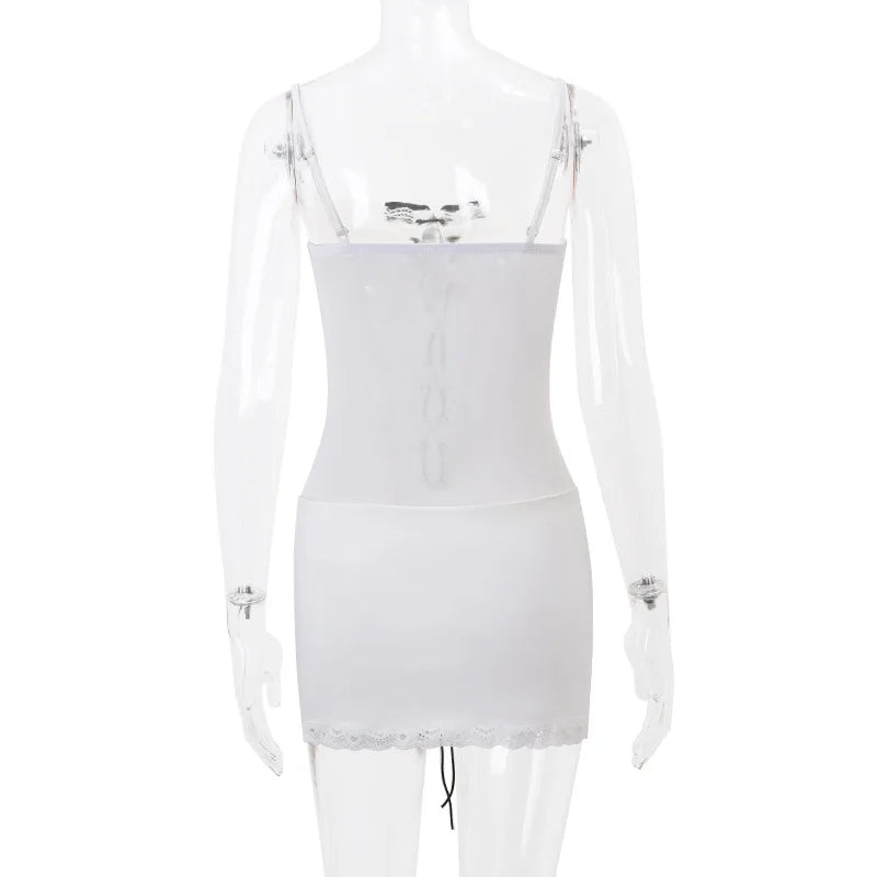 White Bow Lace Up Sheer Mini Dress