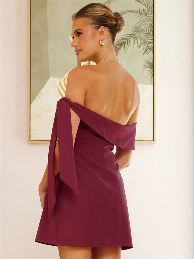 Off-shoulder Tie Up Solid Mini Dress