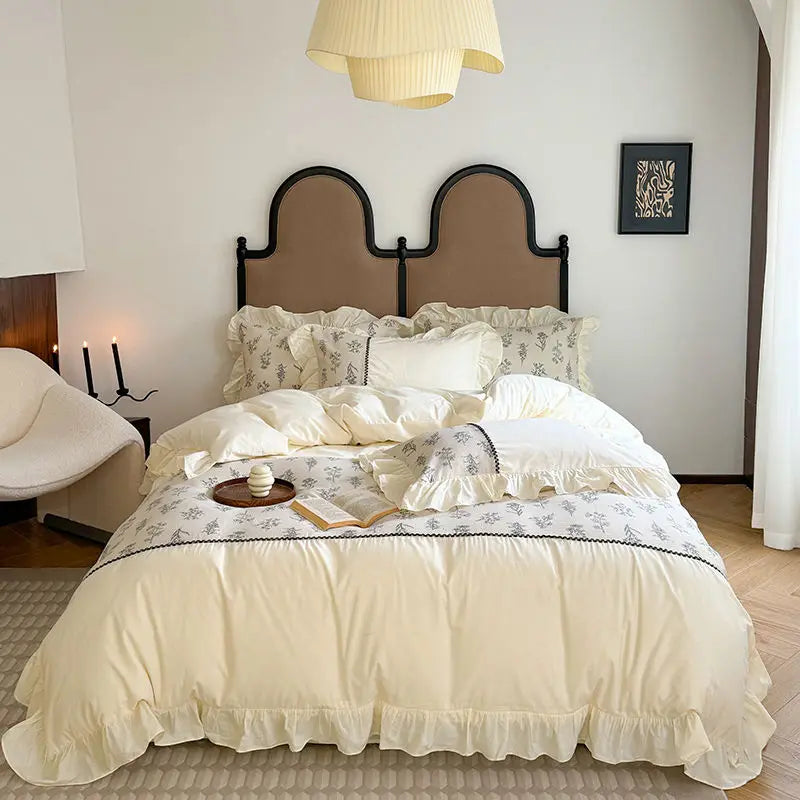 French Washed Cotton Quilt Bedding Set Four-piece Set Super Soft Princess Style Retro Pleated Small Fresh Ruffle Three-piece Set