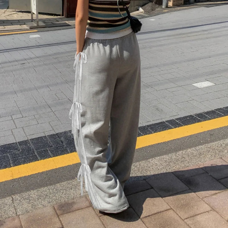 Grey Stripe Ribbon Drawstring Sweatpants