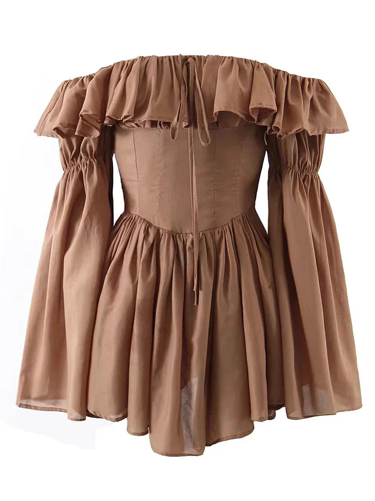 Brown Off Shoulder Long Sleeve Frill Mini Dress