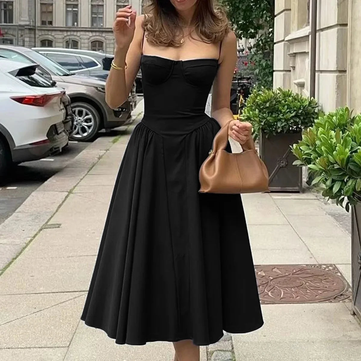 Solid Spaghetti Strap Bustier Pleated Midi Dress