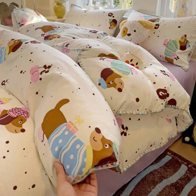 Ins Bedding Set Purple Love Stripe Double Layer Yarn Four Piece Dormitory Girl Heart Bed Sheet And Quilt Set Washed Cotton