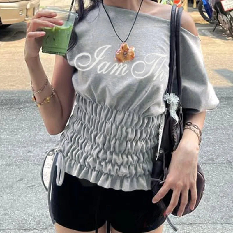 Ruched Drawstring Letter Print Grey Graphic Tee