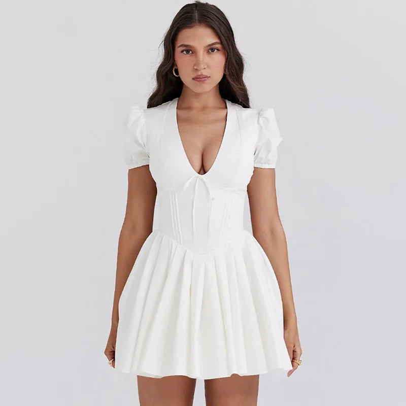 White V-neck Puff Sleeve Corset Mini Dress