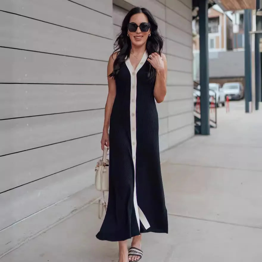 Strapless Contrast Stripe V-neck Midi Dress