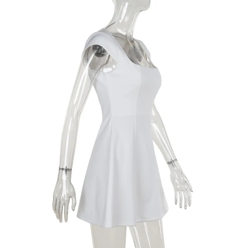 Square Neck Short Sleeve A-Line Solid Mini Dress