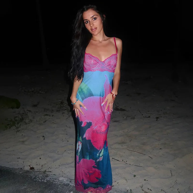 Printed Pink Lace Cami Maxi Dress