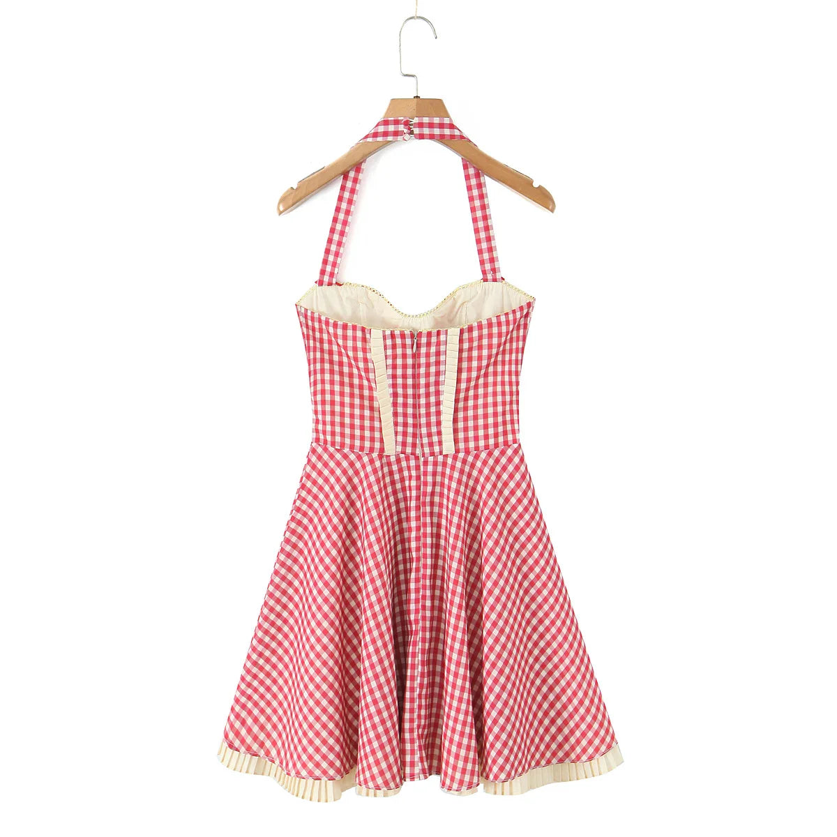 Red Plaid Print Heart Shaped Pocket Halter Mini Dress