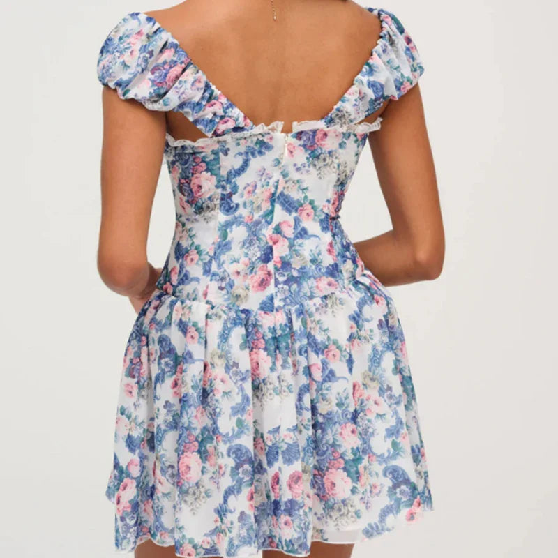 Blue Printed Short Sleeve Bustier Mini Dress