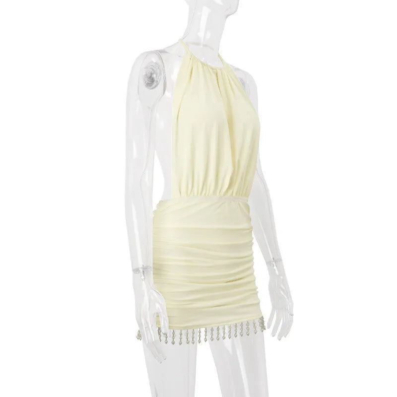 White Backless Tassel Halter Slit Mini Dress