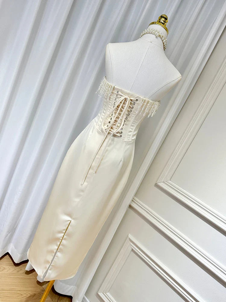 Satin Pearl Tassel Corset Tube Midi Dress