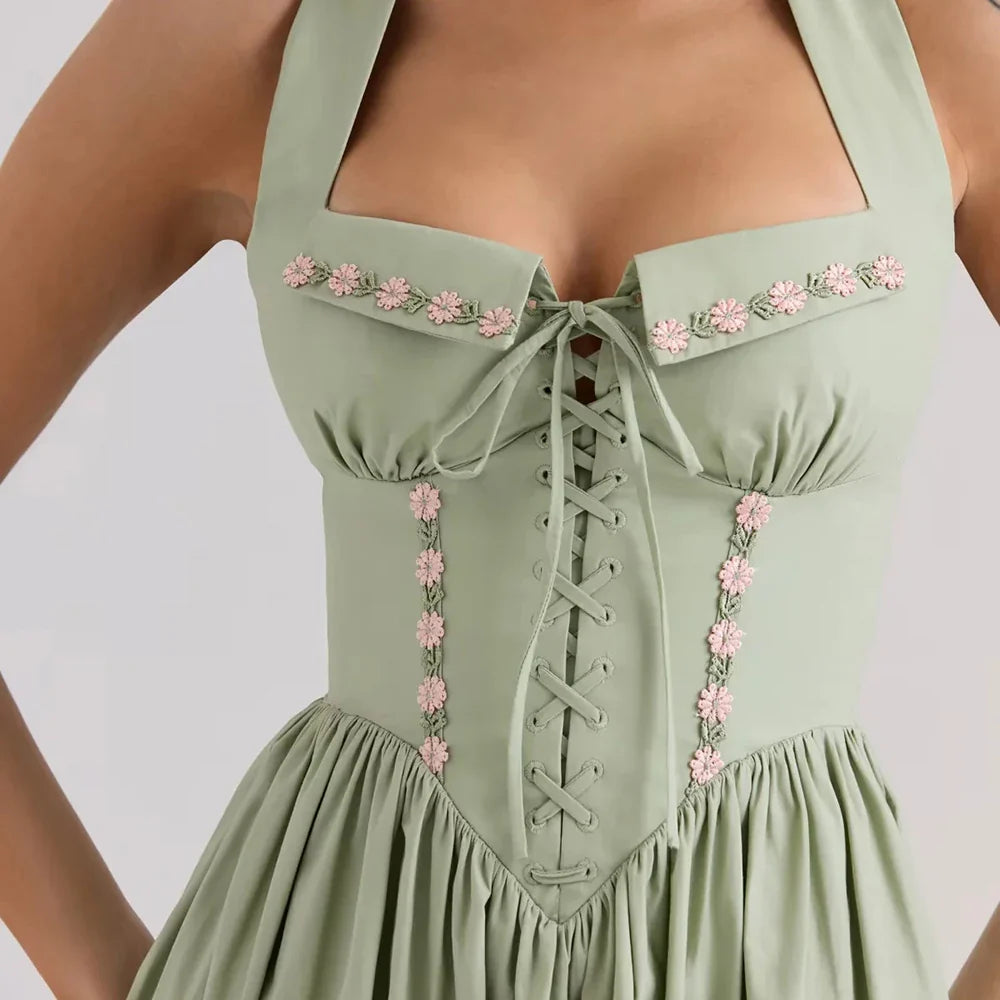 Green Embroidered Halter Midi Dress - A-Line Fit