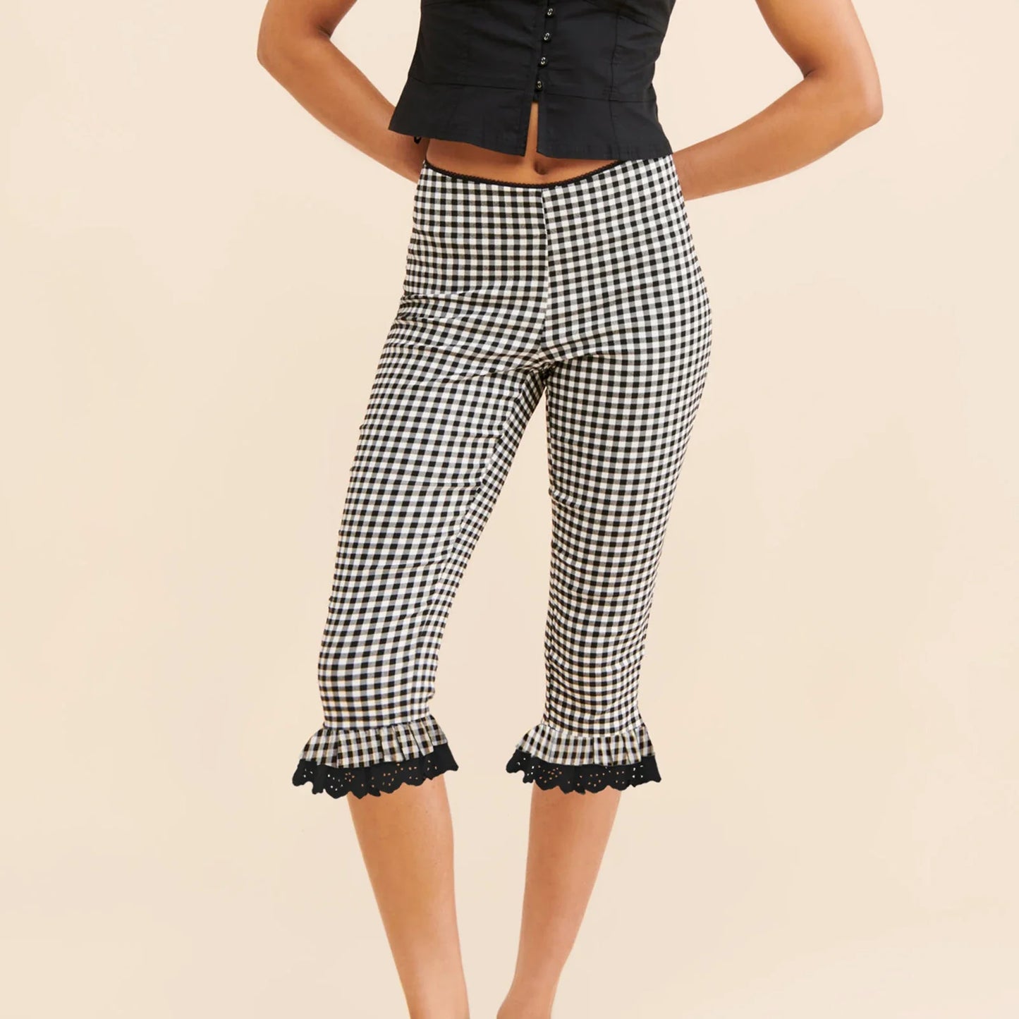 Plaid Lace Trim Capri Leggings