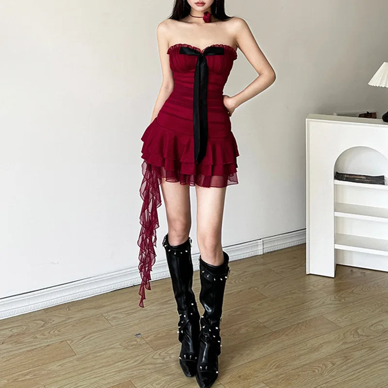 Red Tube Ruched Bow Mini Dress