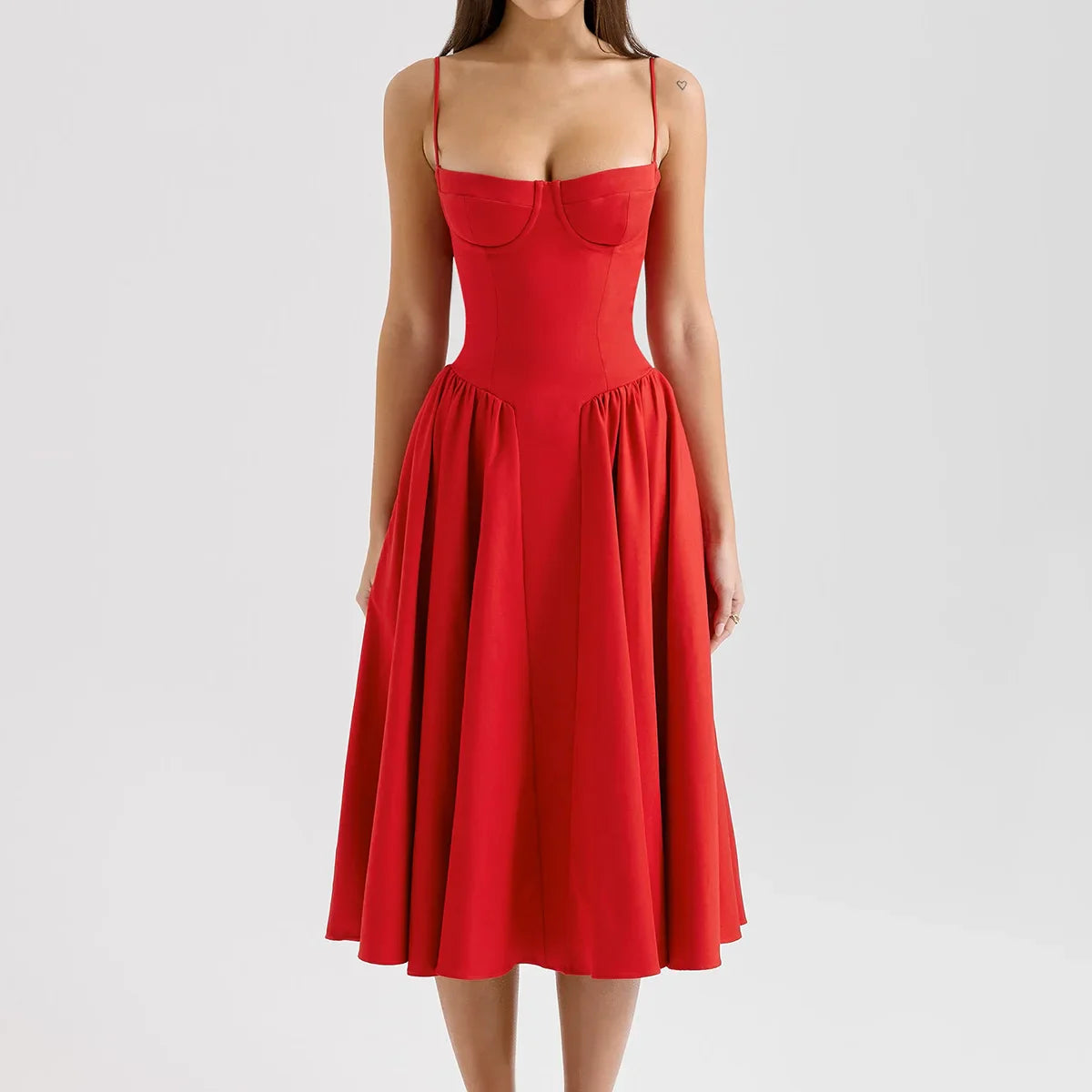 Solid Spaghetti Strap Bustier Pleated Midi Dress
