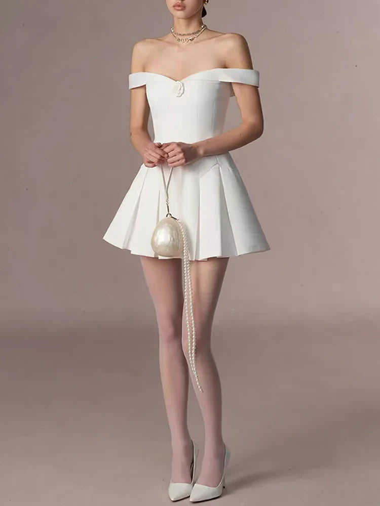 White Off Shoulder Flowers A-line Mini Dress