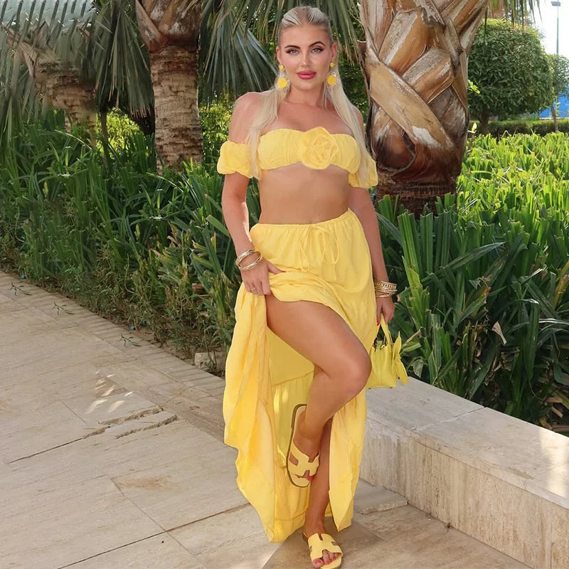 Flower Puff Sleeve Ruffles Crop Top And Maxi Skirt Set