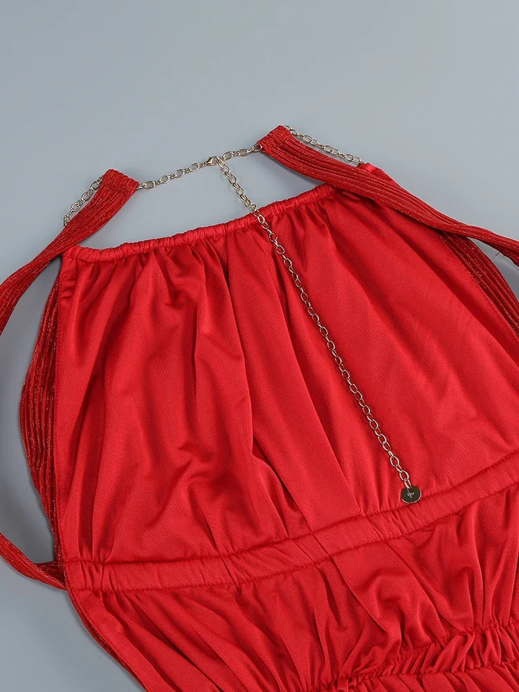 Red Pleated Halter Open Back Maxi Dress