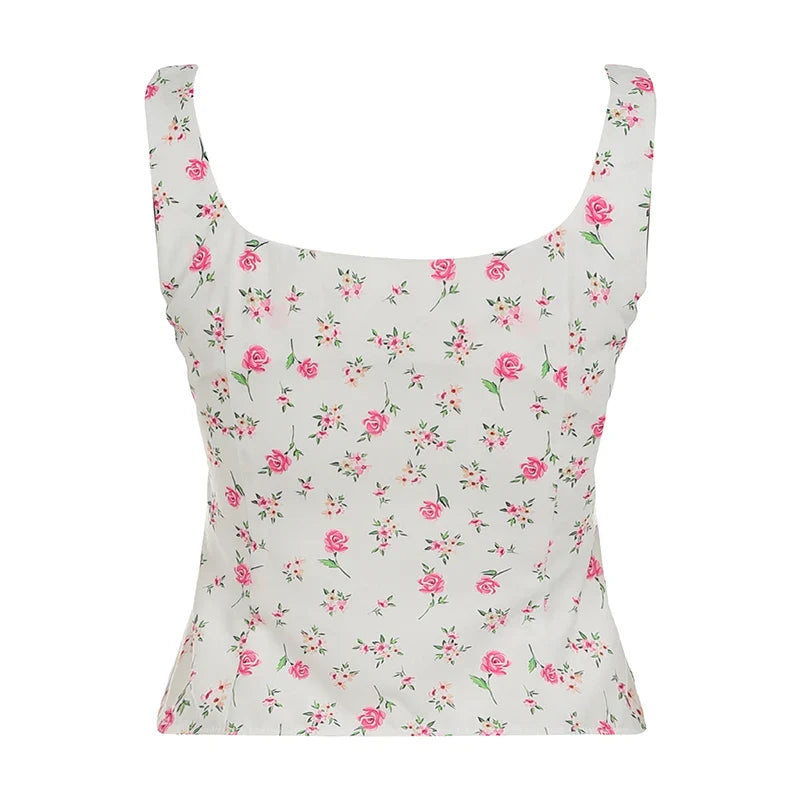 White Flower Print Hook Tank Top