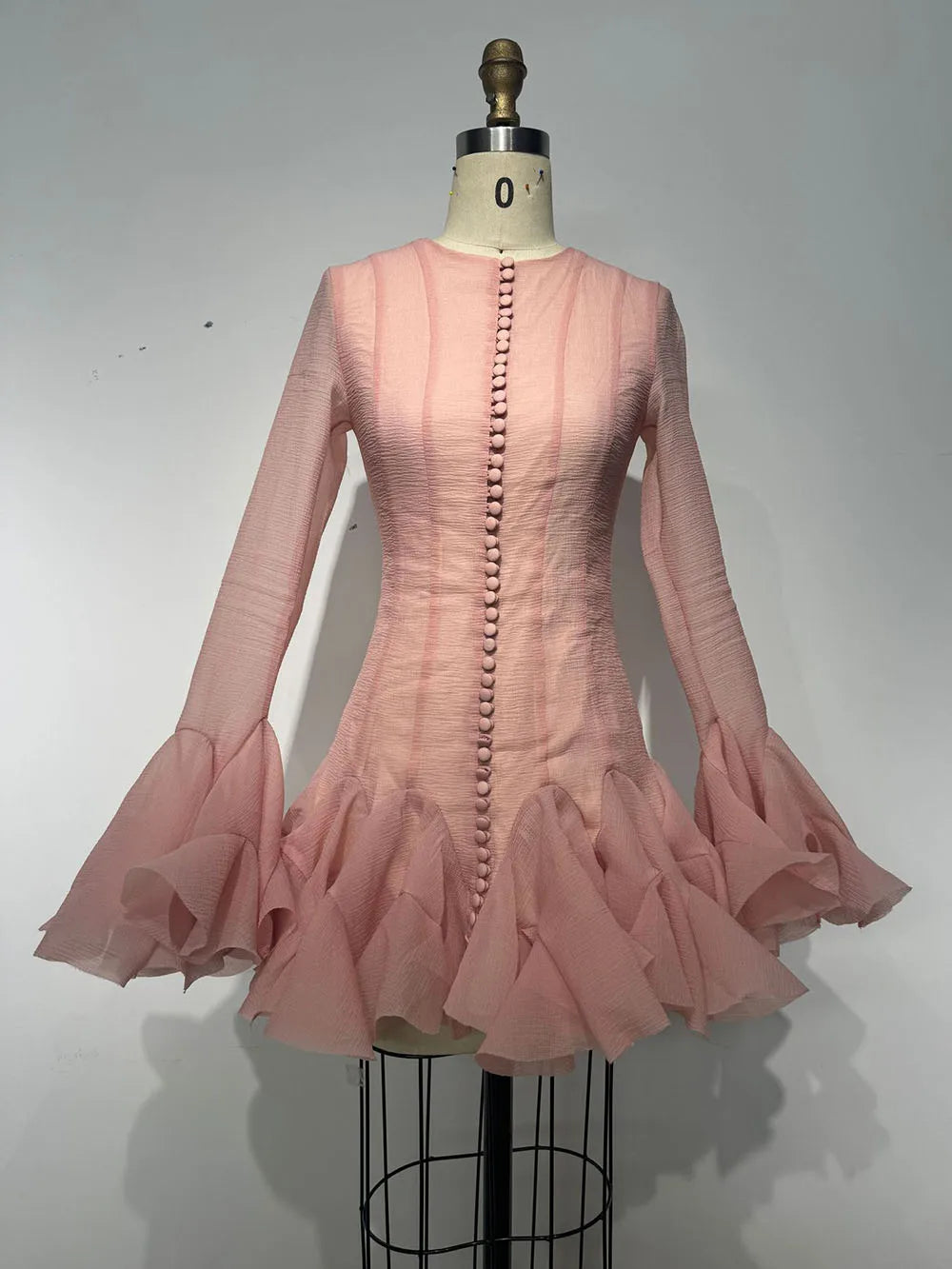 Frill Buttoned Long Sleeve Midi Dress