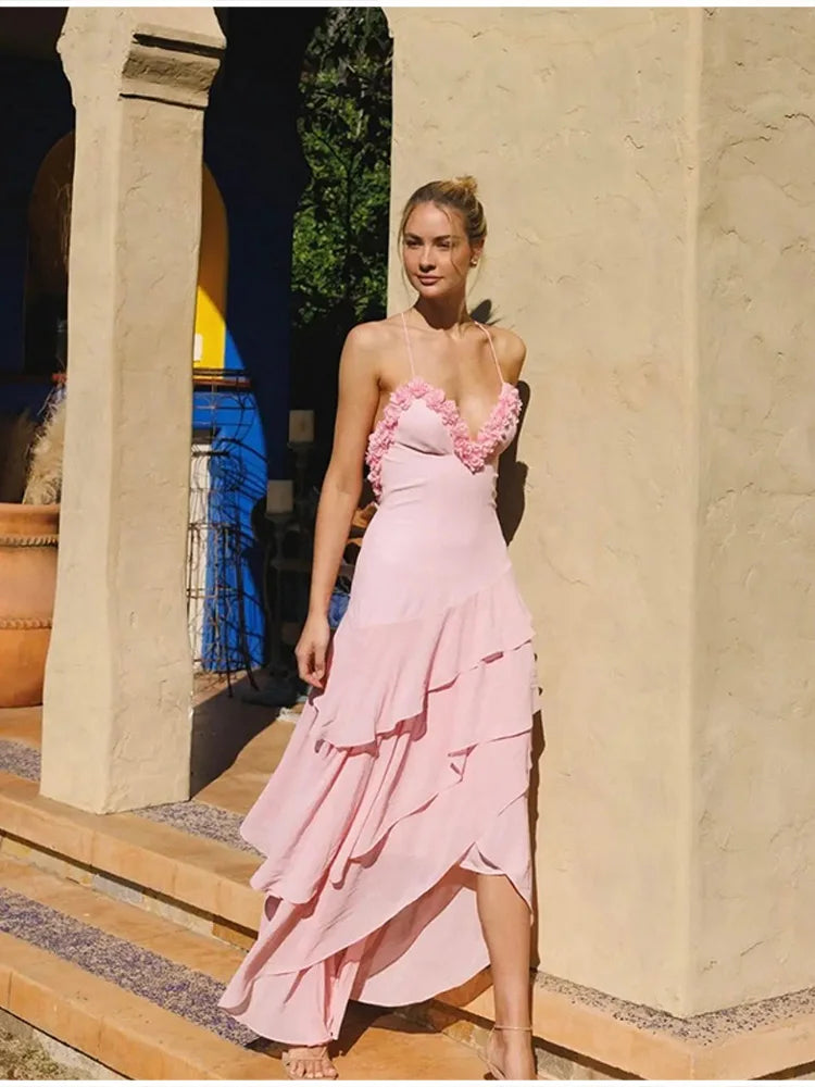 Pink 3d Floral Ruffles Maxi Dress
