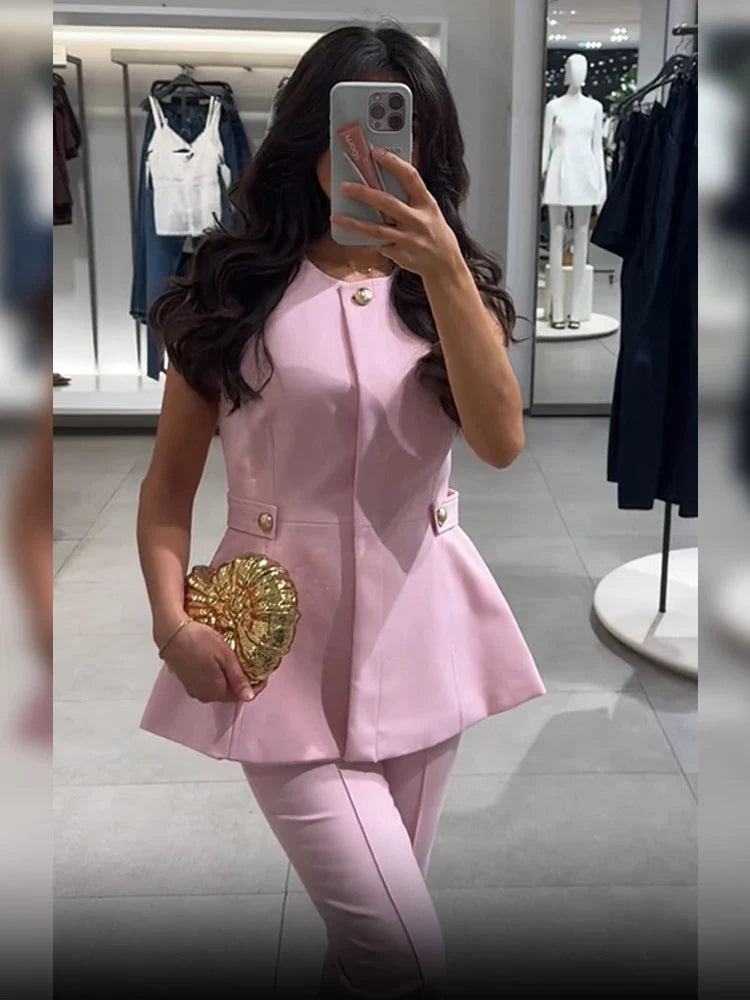 Pink High Neck Vest And Pants Set