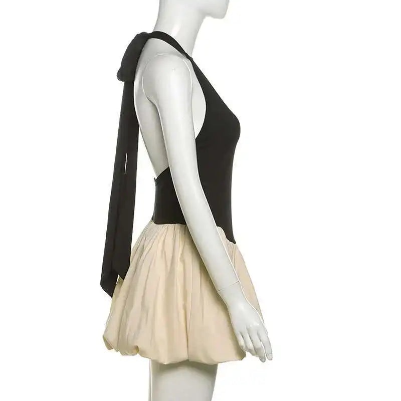 Sleeveless Puff Patchwork Mini Dress