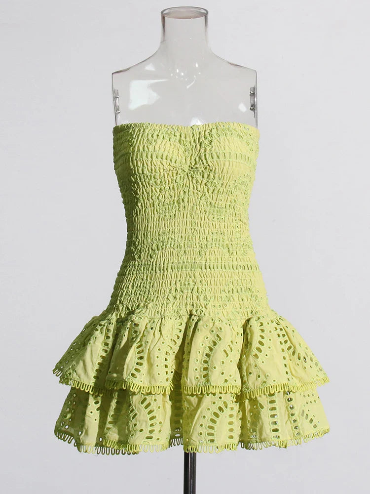 Ruched Strapless Embroidered Frill Mini Dress