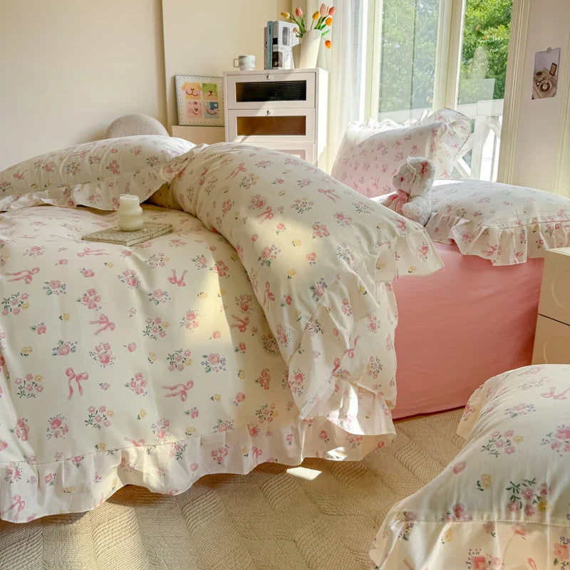 INS Floral Style Bedding Sets Ruffle Lace Bow Quilt Cover Romantic Bedclothes Decor Woman Girls Bedroom Duvet Cover 4pcs