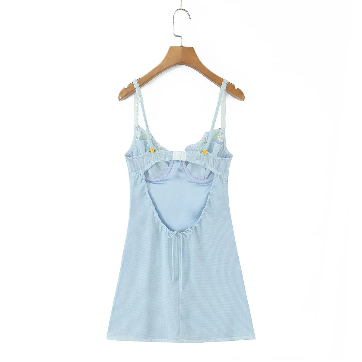 Blue Plaid Wire Bra Embroidery Mini Dress