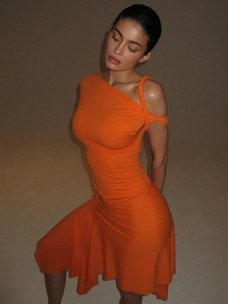 One Shoulder Twisted Flare Mini Dress