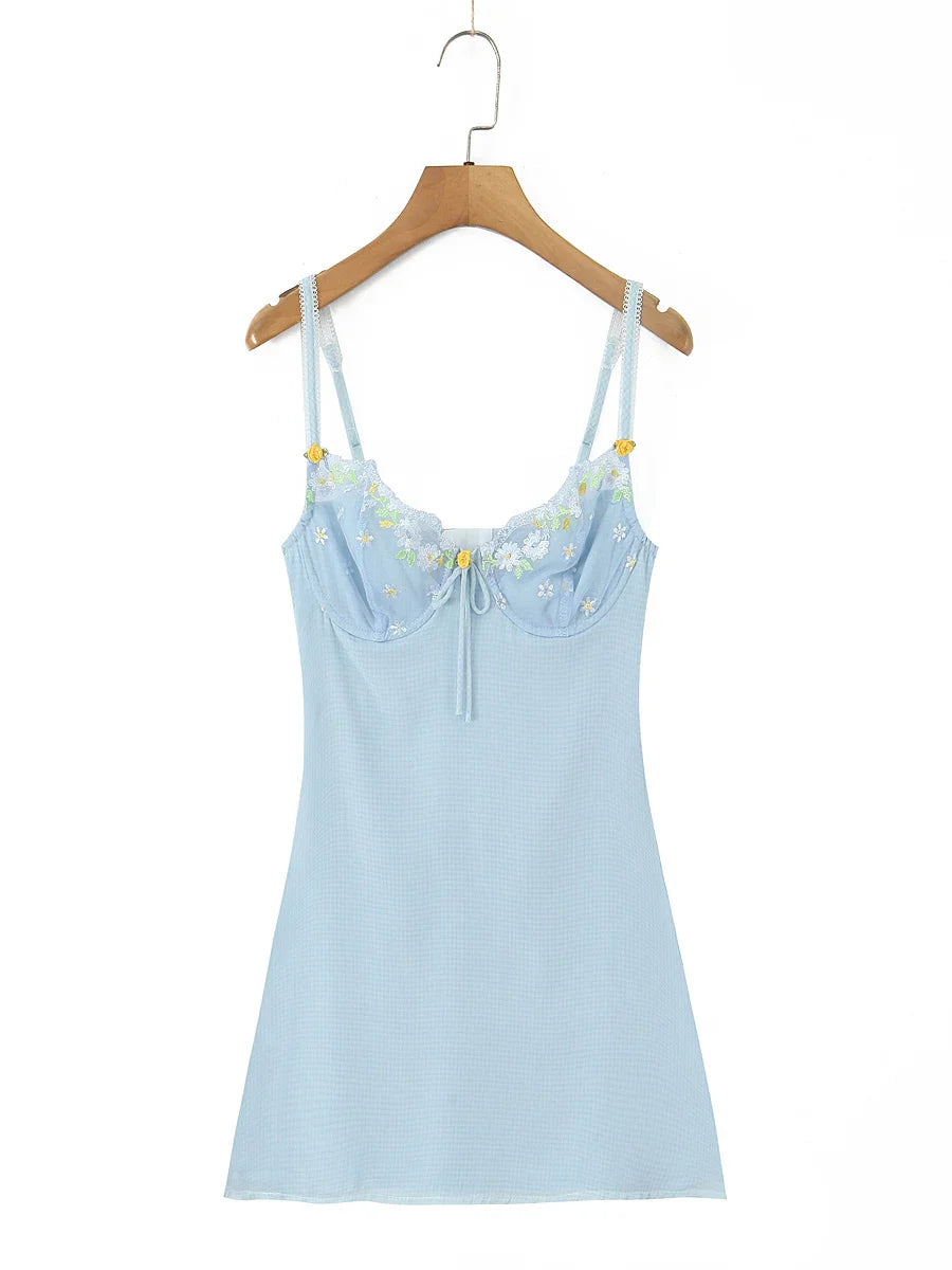 Blue Plaid Lace Up Babydoll  Mini Dress