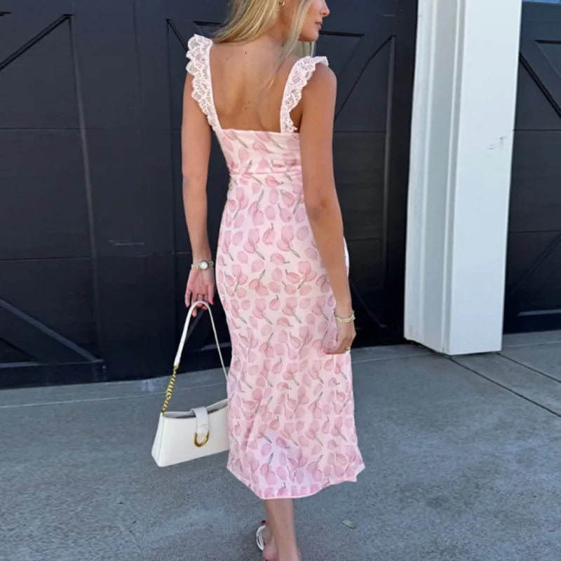 Pink Tulip Print Lace Strap Midi Dress