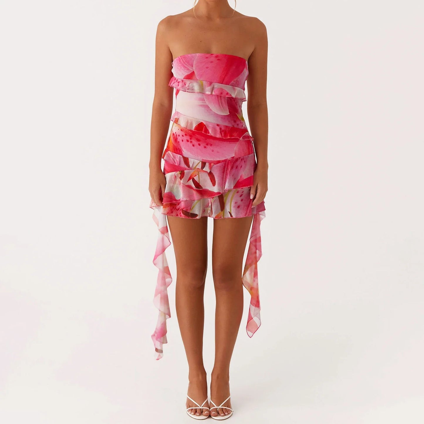 Ruffles Printed Tube Mini Dress