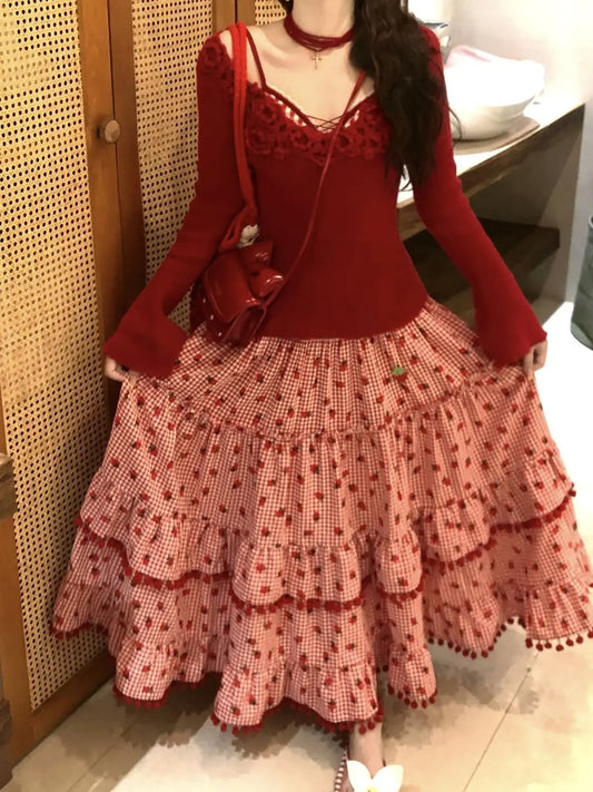 Red Strawberry Print Tassel Long Skirt - Sweet Ball Gown A-Line
